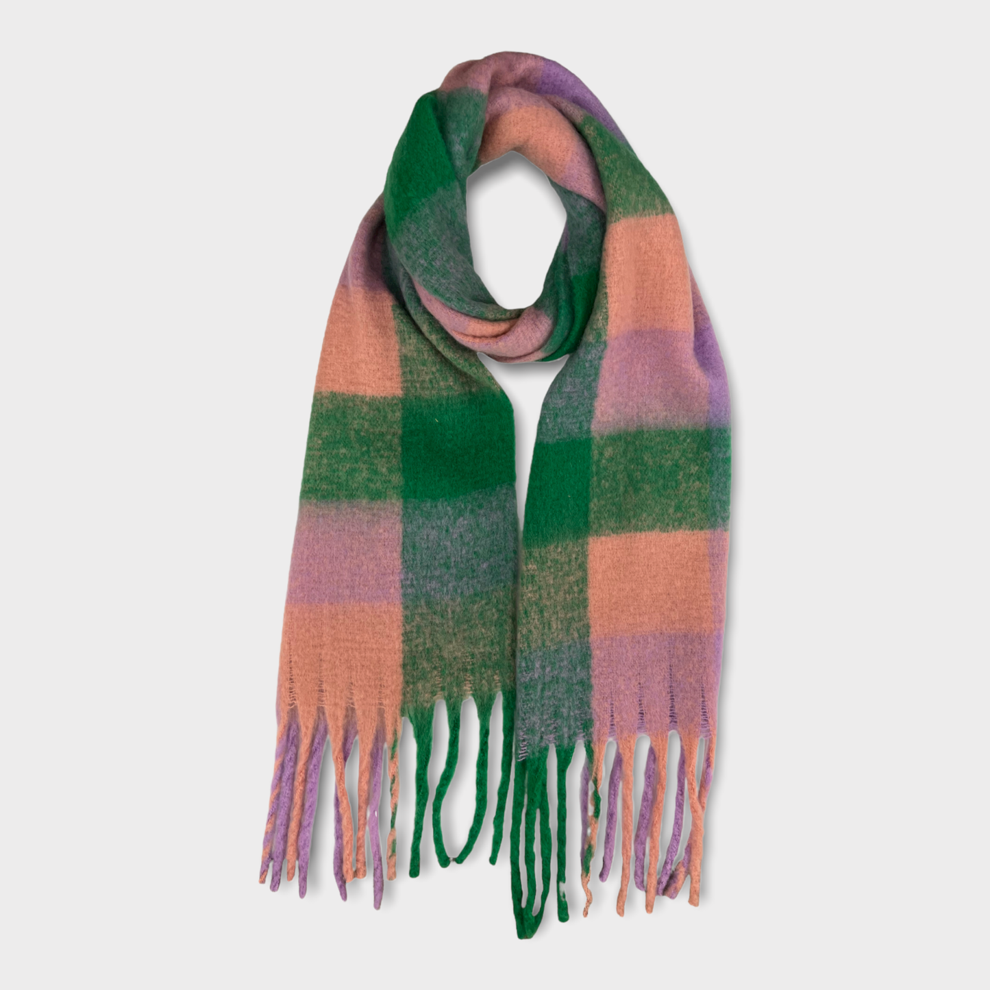 Soft Check Blanket Scarf with Tassels - Pink & Green
