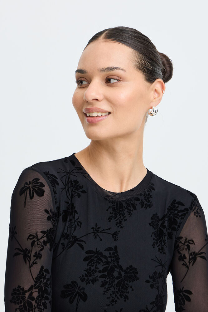 Flocked Mesh Top - Black