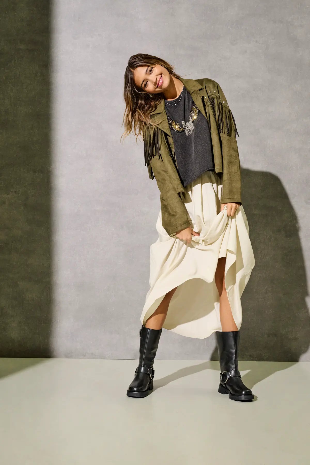 Joline Stud & Tassel Faux Suede Jacket - Olive