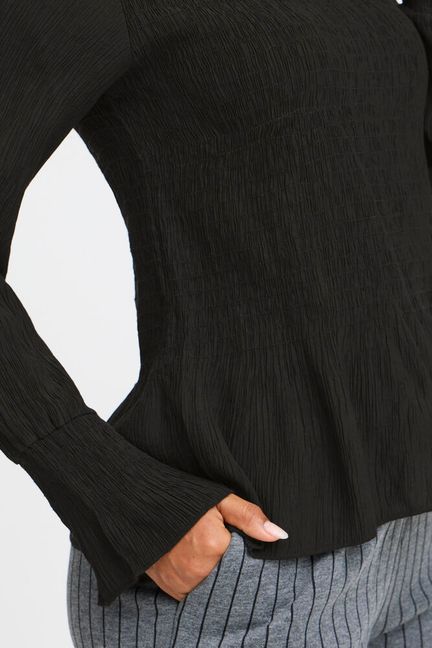 High Neck Shirred Blouse - Black