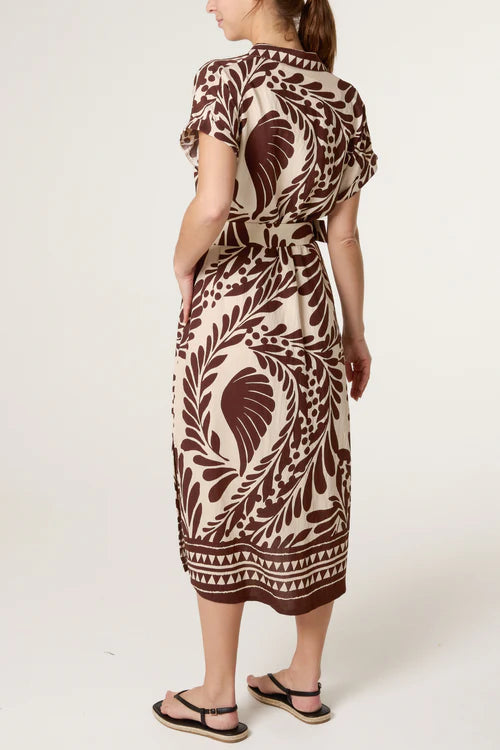 Leaf Print Belted Dress - Brown/Neutral