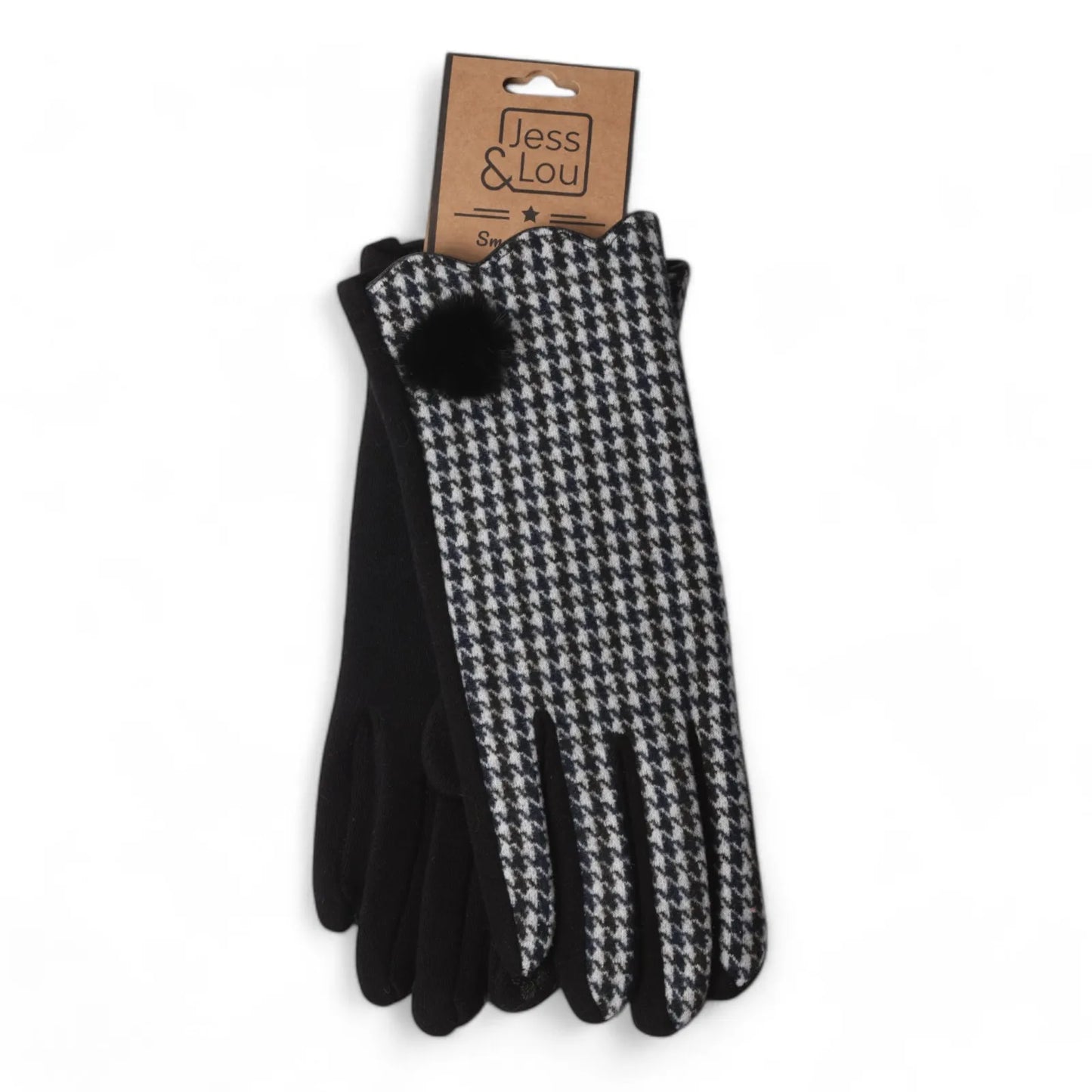 Buttoned Dogtooth Gloves - Black/White with Pom Pom
