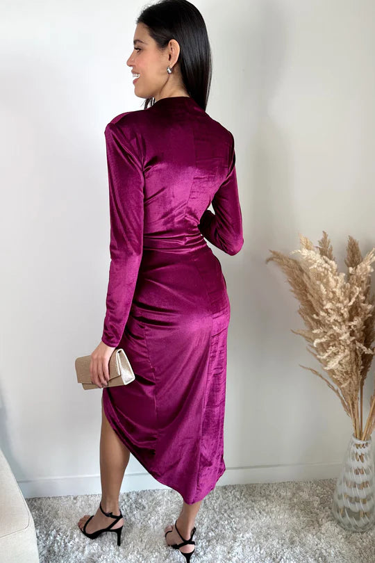 Wrap Style Velvet Midi Dress - Violet