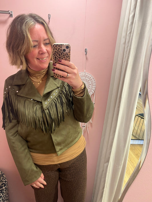 Joline Stud & Tassel Faux Suede Jacket - Olive