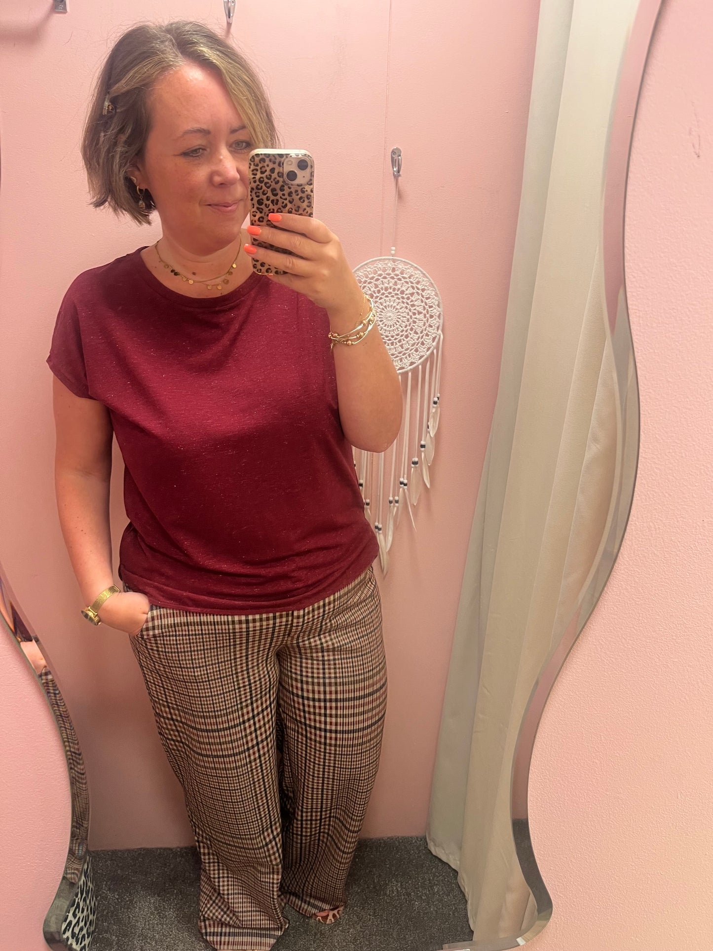 Kate Wide Leg Trouser - Red Brown Check