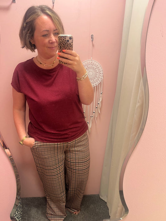 Kate Wide Leg Trouser - Red Brown Check