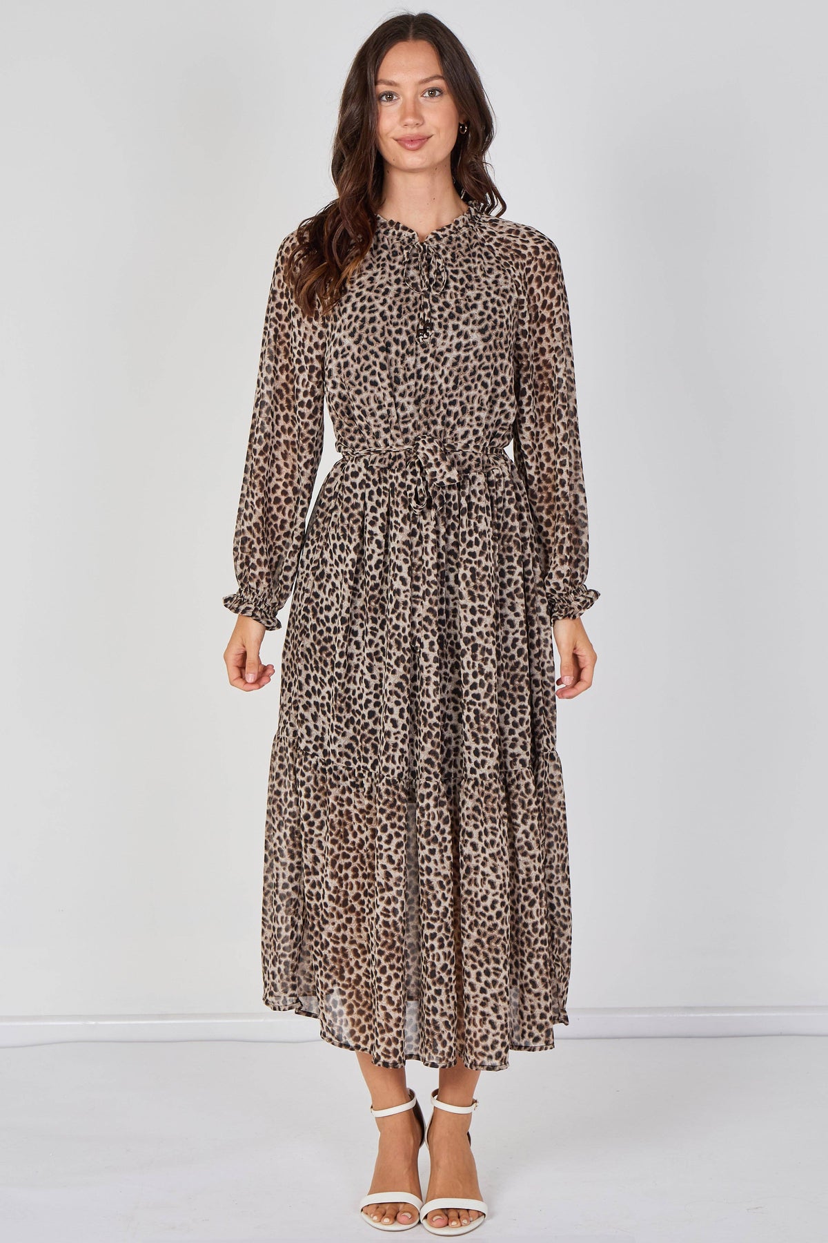 Grey Leopard Belted Maxi Dress