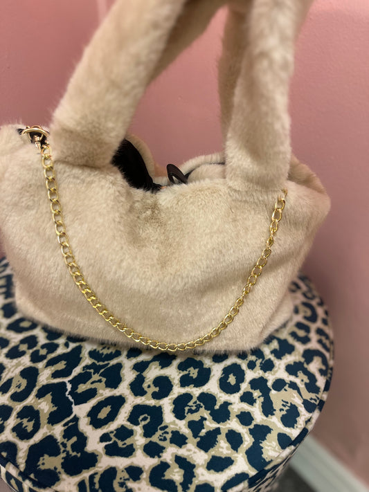 Medium Faux Fur Handbag with Purse - Beige