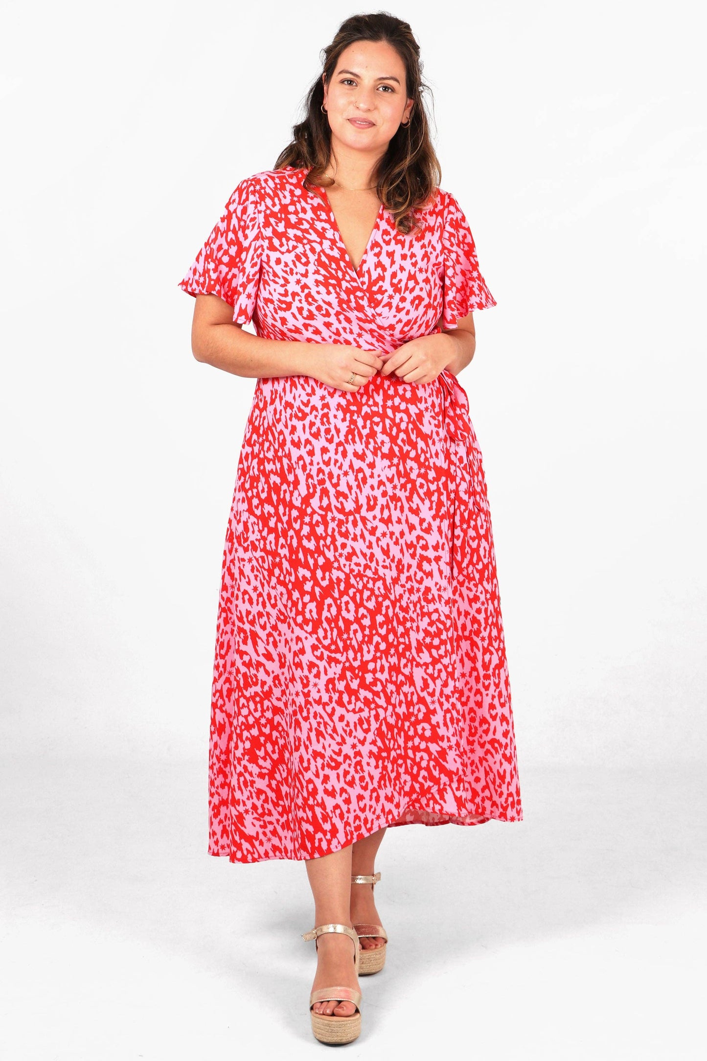 Leopard and Star Print Short Sleeve Maxi Wrap Dress -Pink