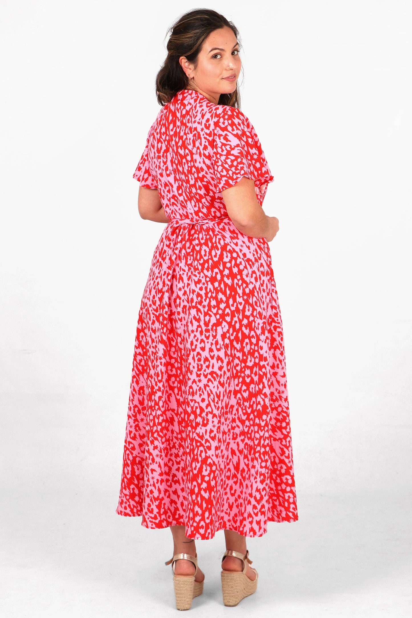 Leopard and Star Print Short Sleeve Maxi Wrap Dress -Pink