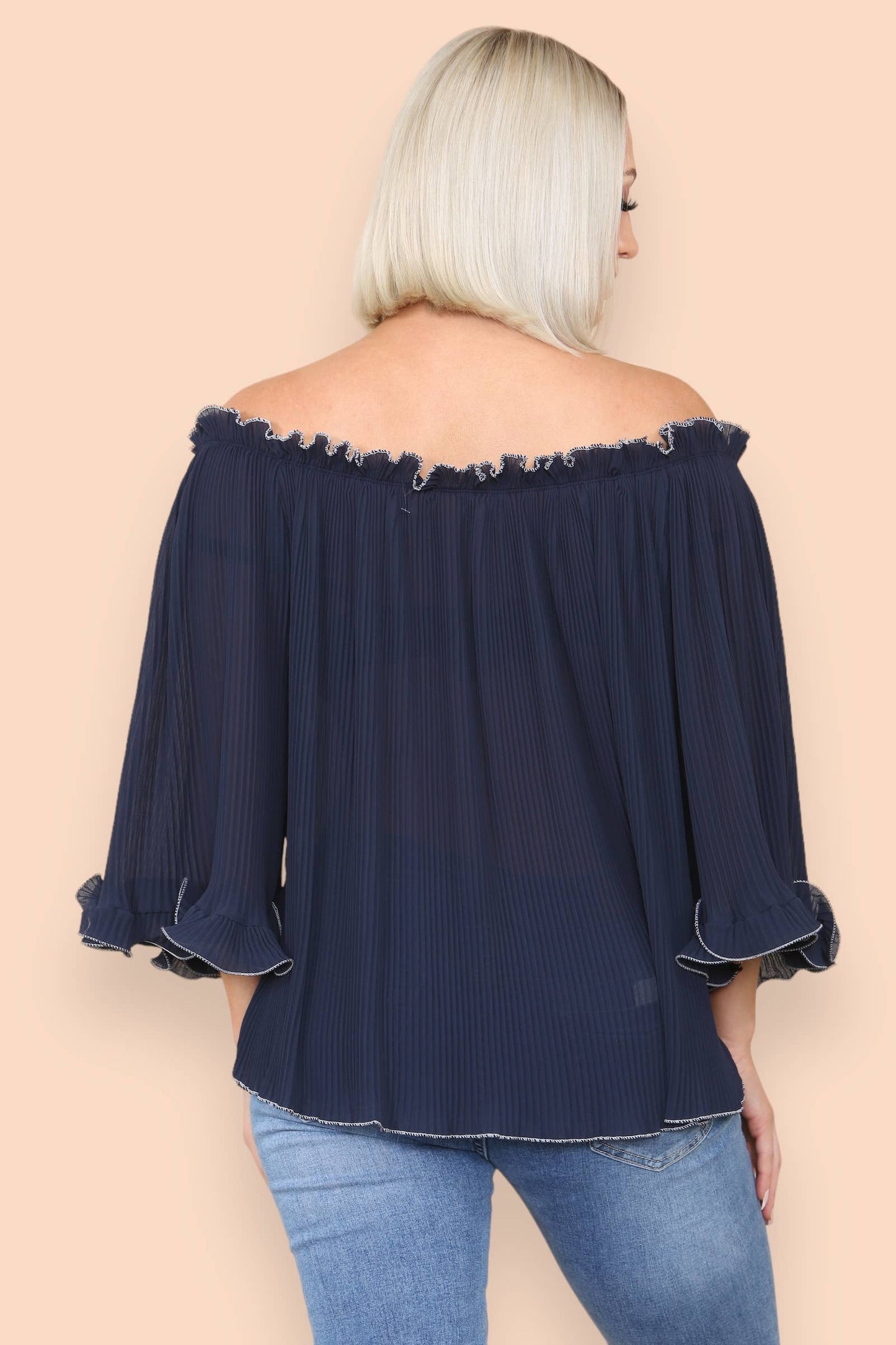 3/4 Sleeve Contrast Edge Pleated Bardot Blouse