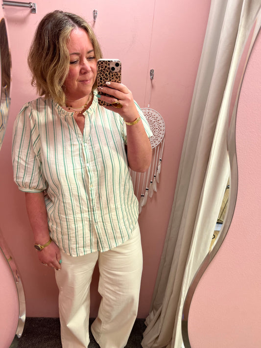 Embroidered Cotton Stripe Shirt - Green