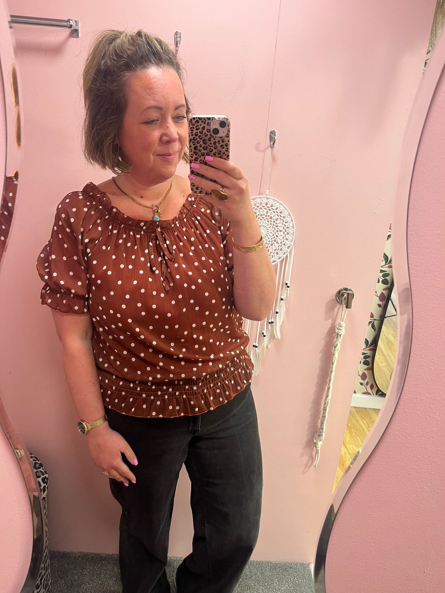 Polka Dot Chiffon Top - Tan