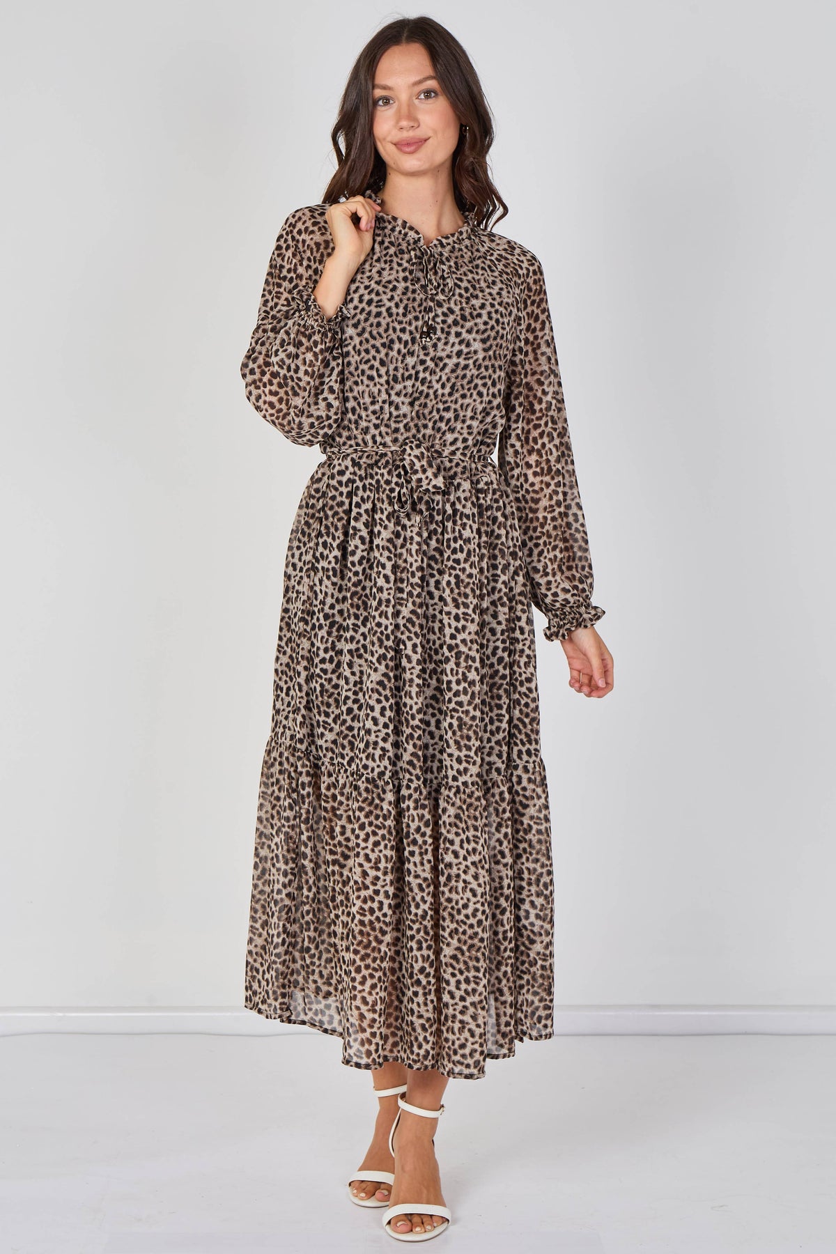 Grey Leopard Belted Maxi Dress