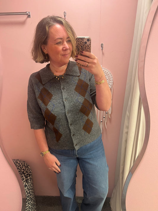 Argyle Cardigan with Collar - Grey