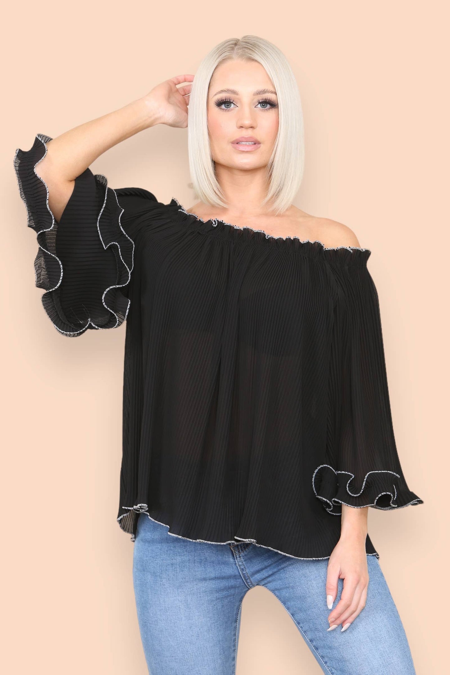 3/4 Sleeve Contrast Edge Pleated Bardot Blouse