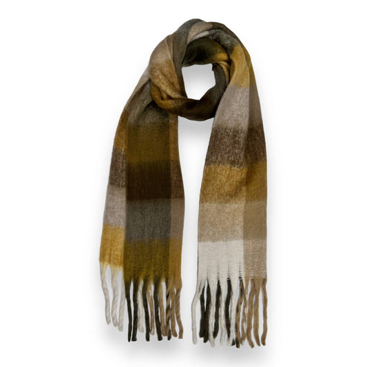 Soft Check Blanket Scarf with Tassels - Mustard Mix