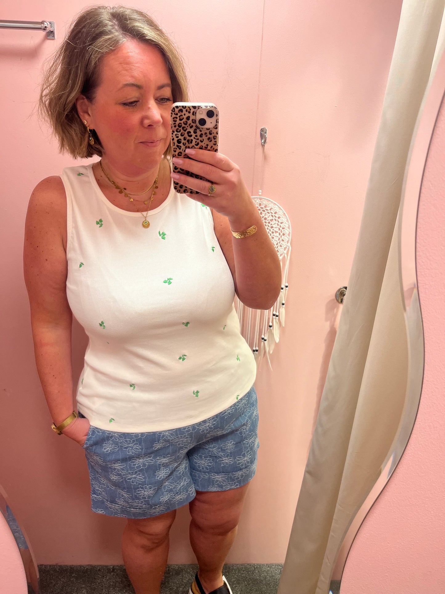 Tank Top with Leaf Embroidery
