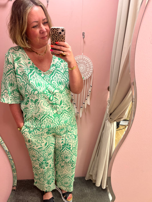 Marrakech V Neck Top - Green Print