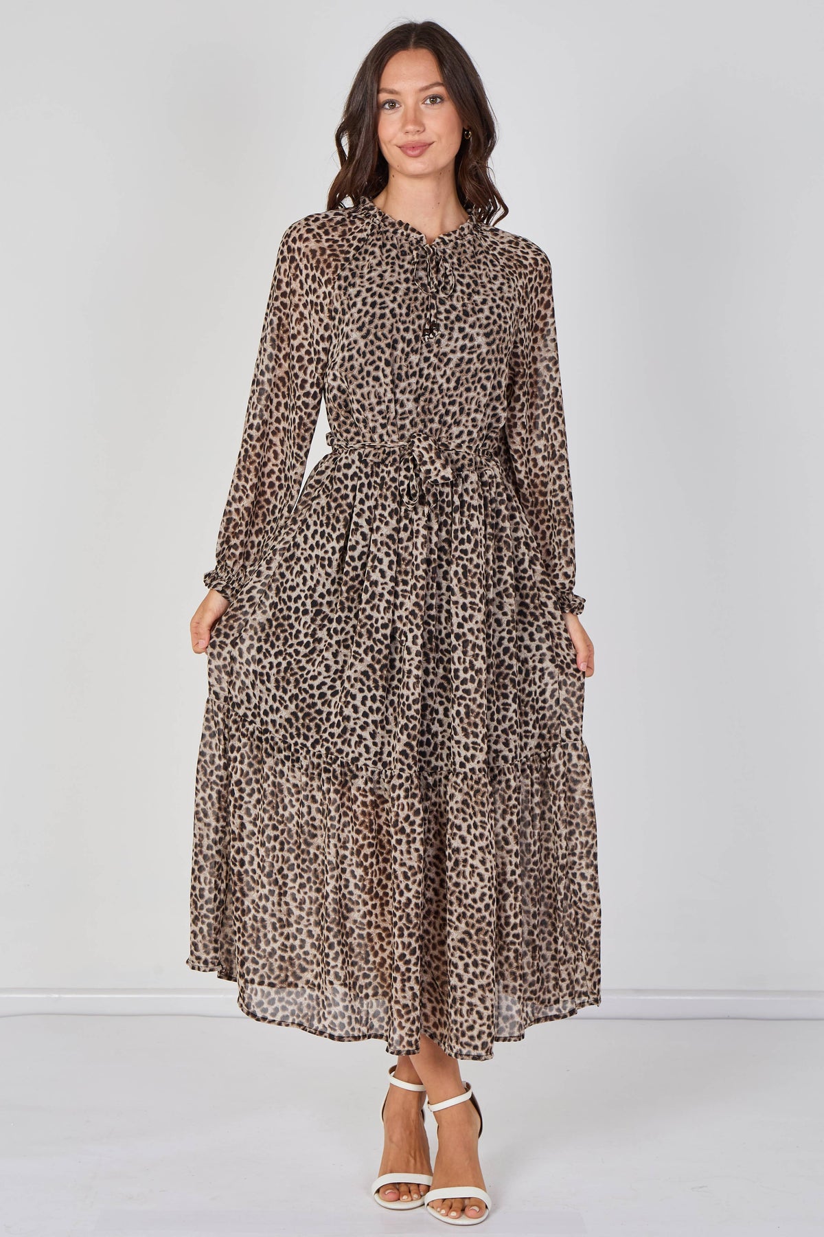 Grey Leopard Belted Maxi Dress