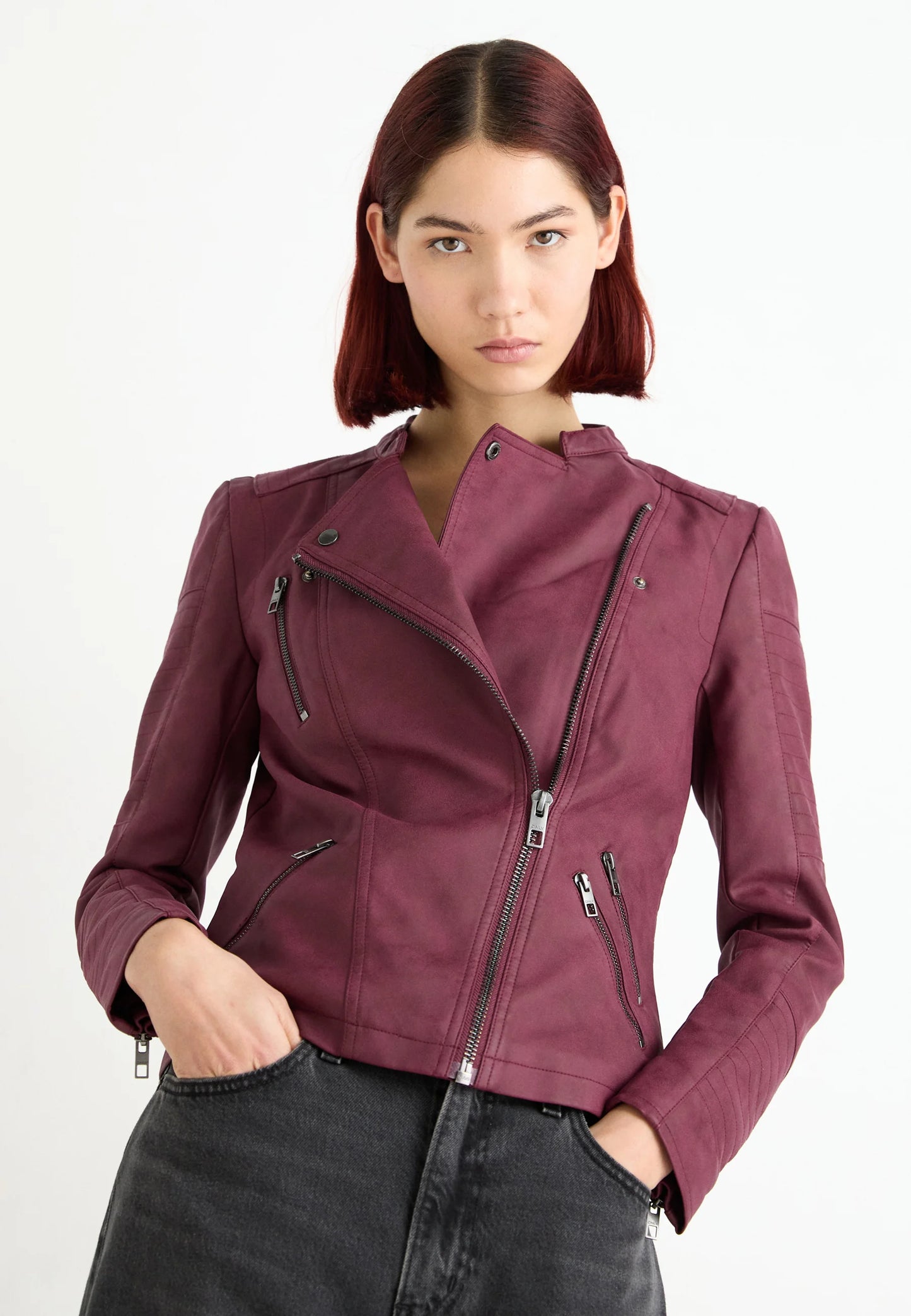 Ava Faux Leather Biker Jacket - Burgundy