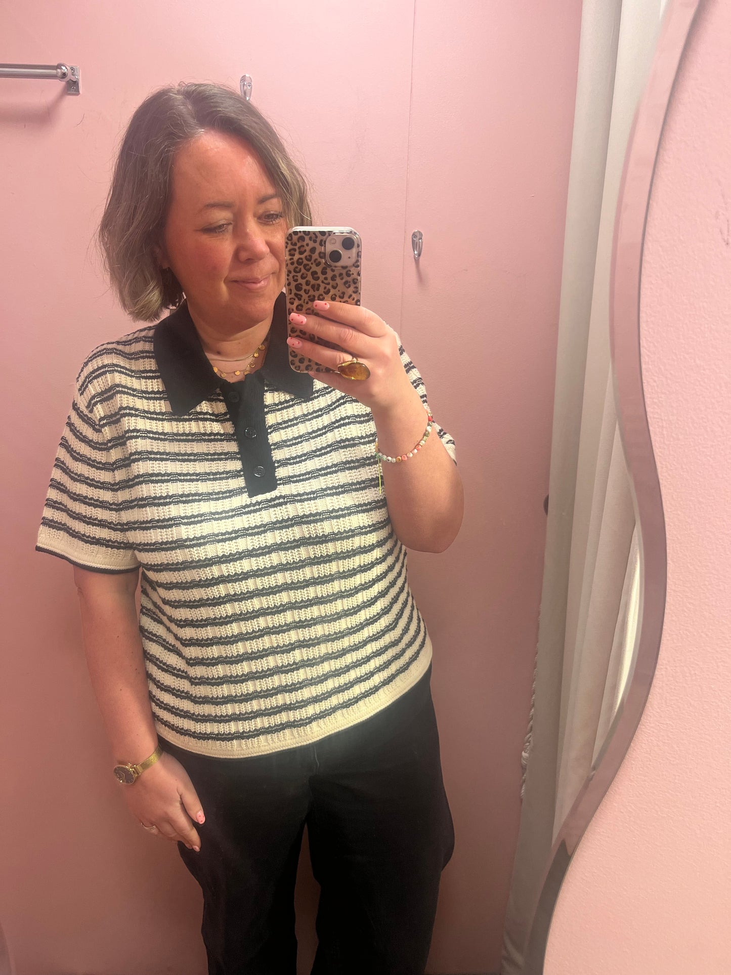 Cotton Knit Polo - Black / Cream Stripe