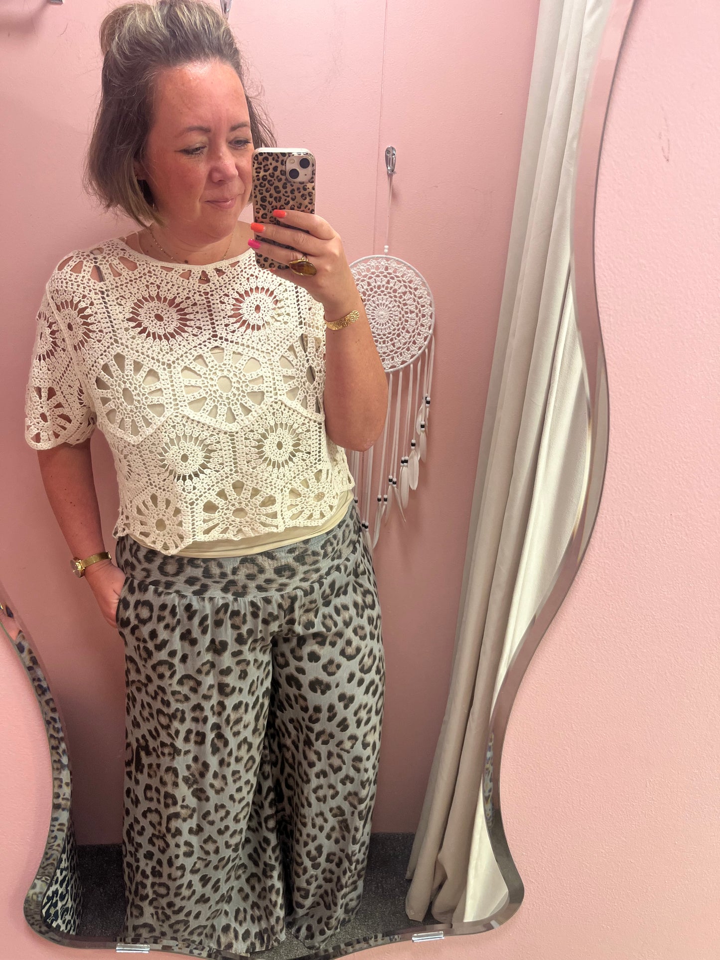 Wide Leg Leopard Print Trousers - Grey