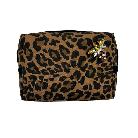 Make-up bag - leopard print with queen bee pin