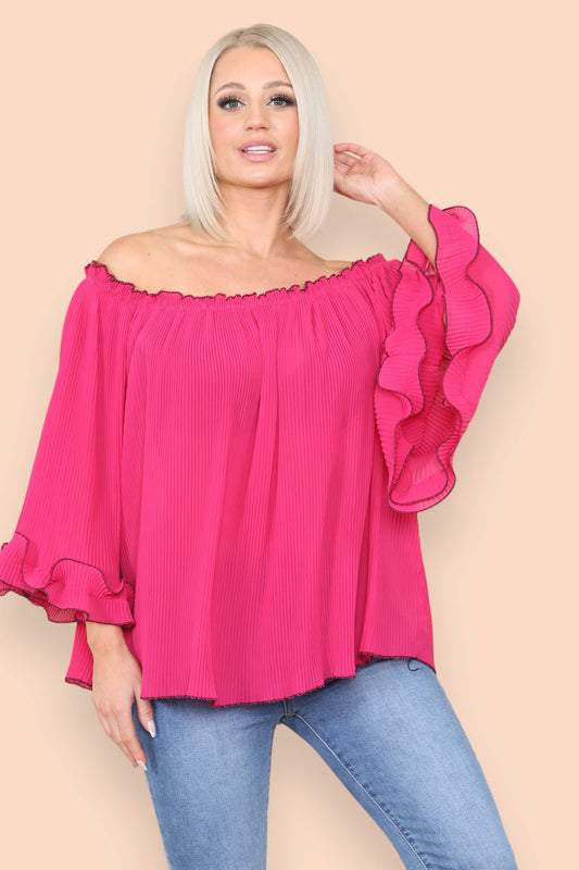 3/4 Sleeve Contrast Edge Pleated Bardot Blouse