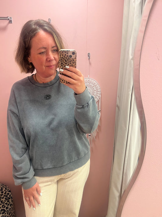 Grey Sweater with Rose Motif