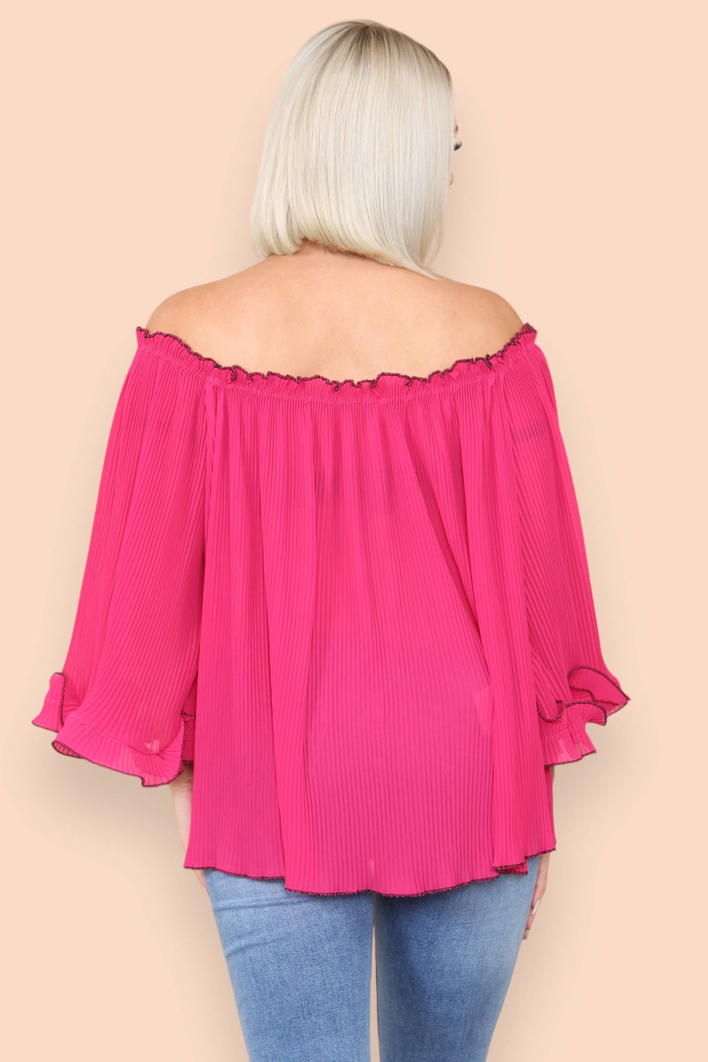 3/4 Sleeve Contrast Edge Pleated Bardot Blouse