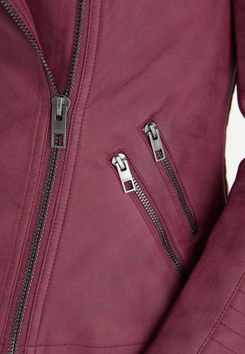 Ava Faux Leather Biker Jacket - Burgundy