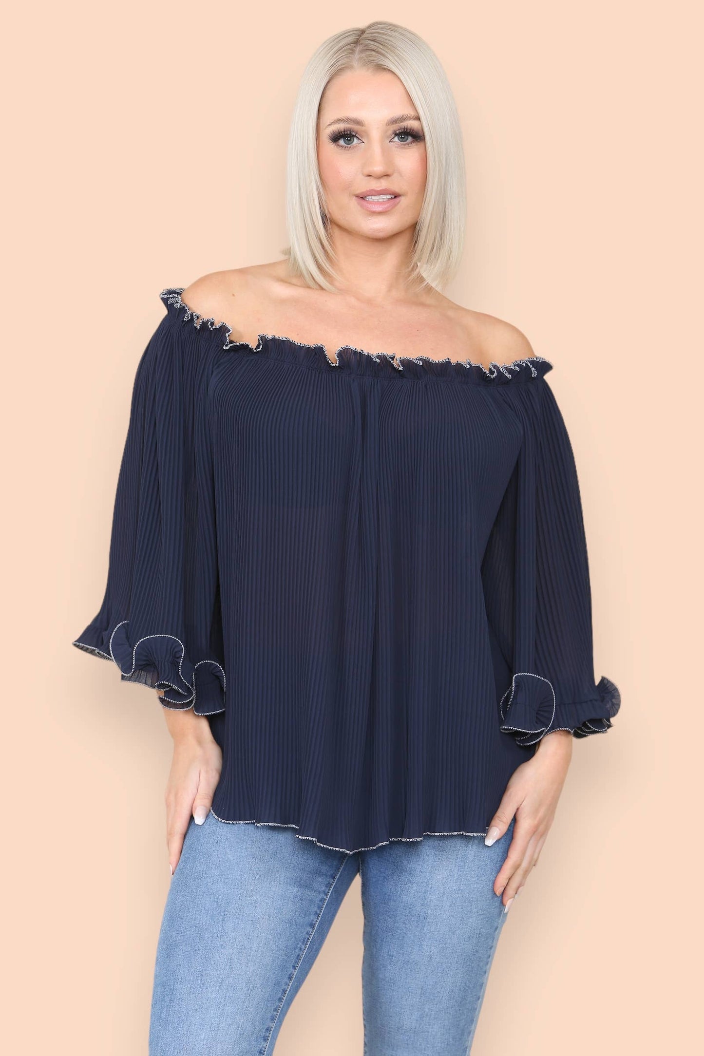 3/4 Sleeve Contrast Edge Pleated Bardot Blouse