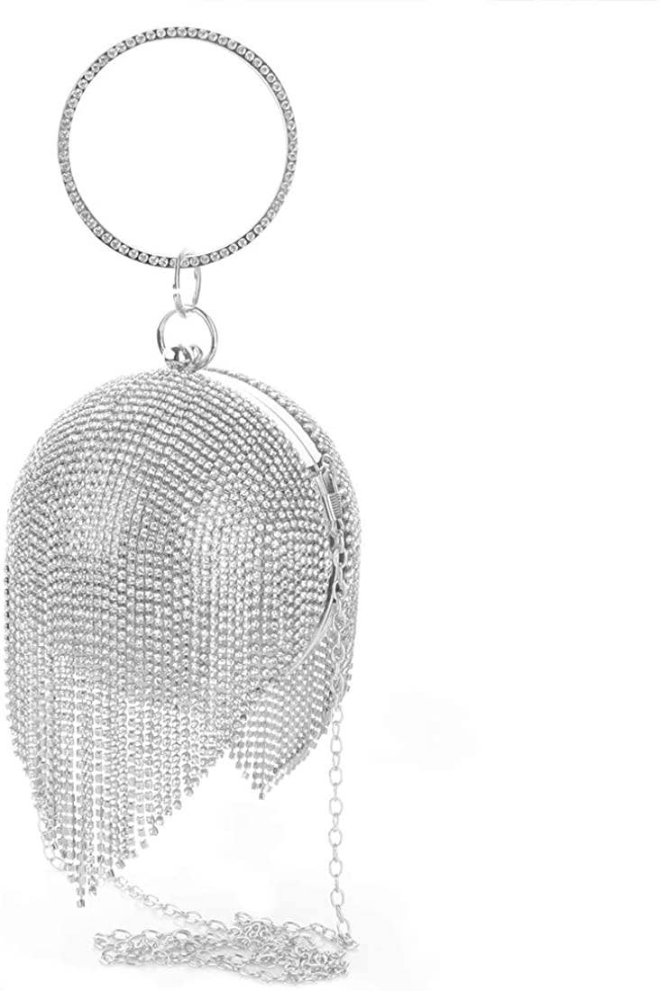 Ball Shape Ring Handle Fringe Diamante Evening Bag