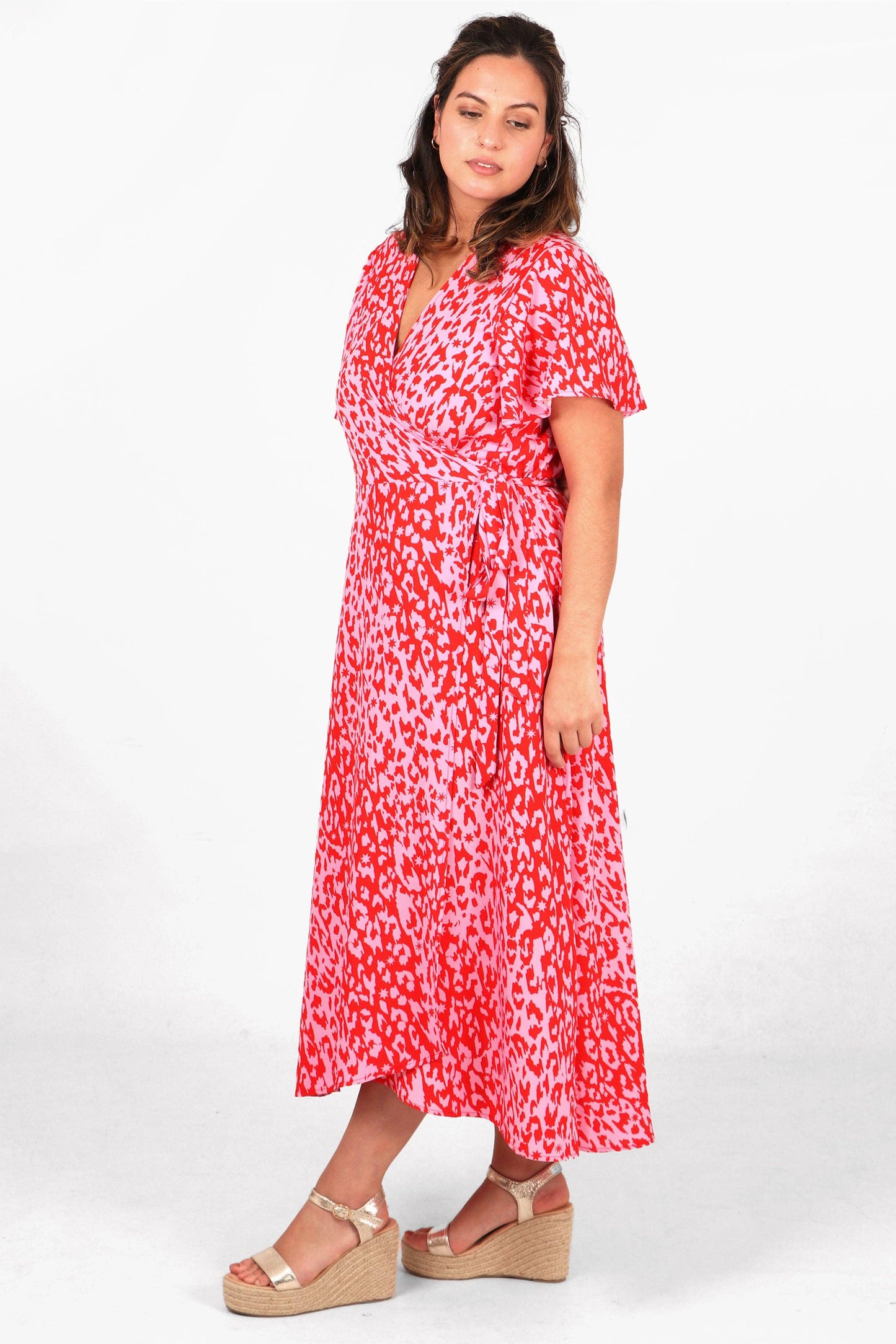 Leopard and Star Print Short Sleeve Maxi Wrap Dress -Pink