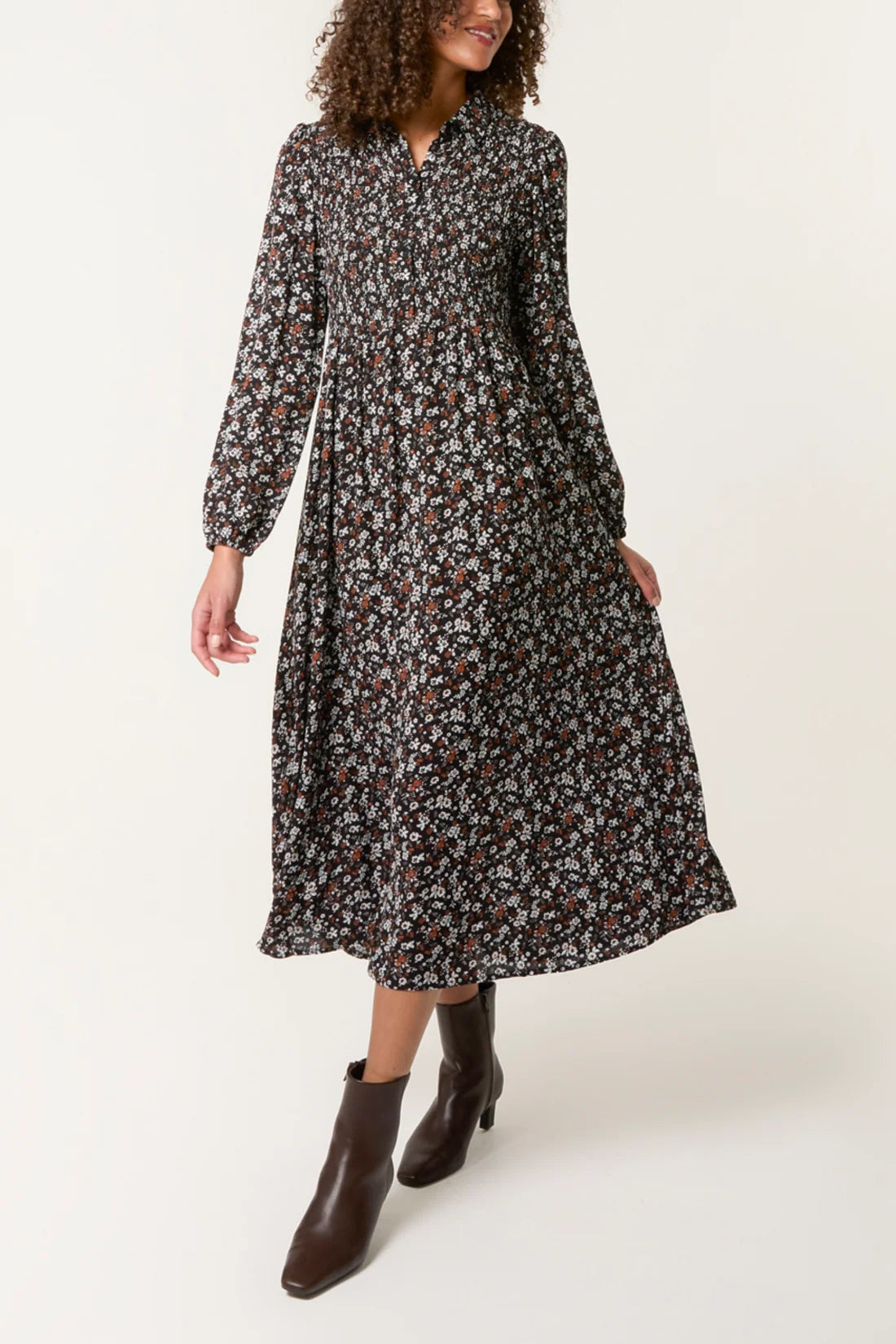 Shirred Shirt Dress - Autumn Ditsy Floral