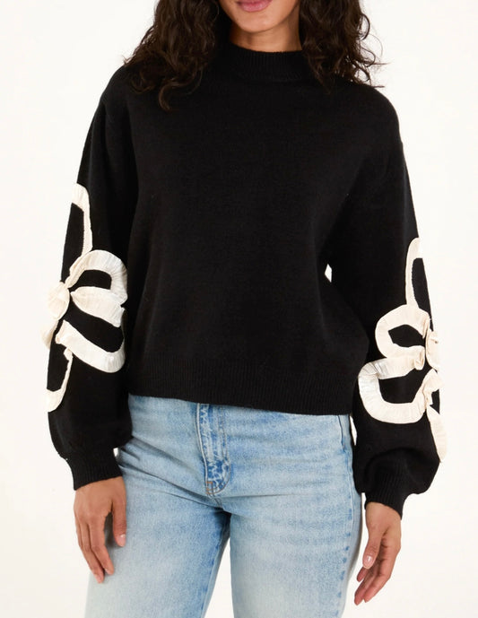 Frilled Flower Sleeve Jumper - Black