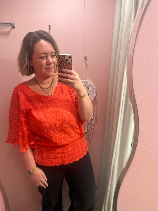 Floral Lace Butterfly Sleeve Top - Coral