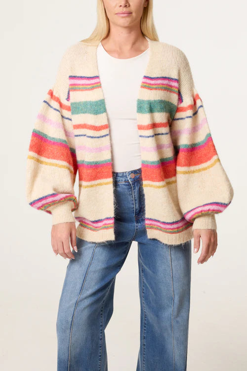 Balloon Sleeve Stripe Cardigan