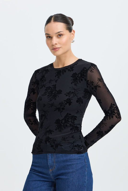 Flocked Mesh Top - Black