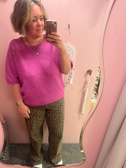 High Waist Wide Leg Jean - Tan Leopard