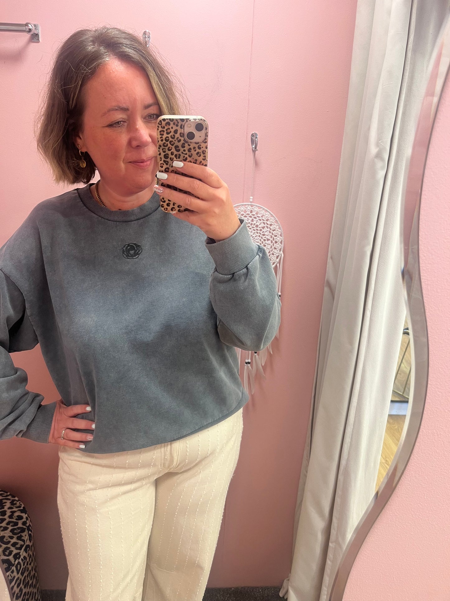 Grey Sweater with Rose Motif