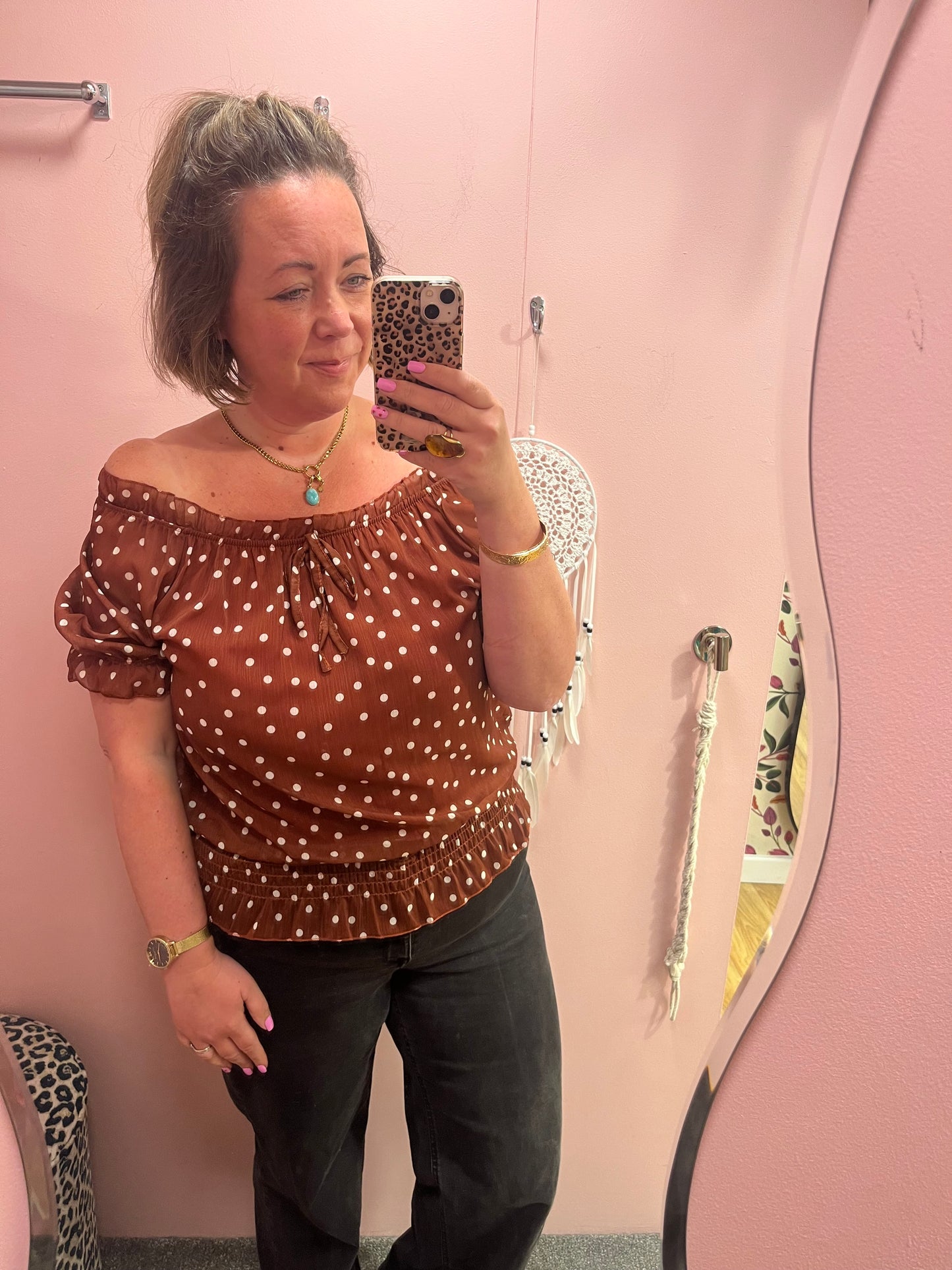 Polka Dot Chiffon Top - Tan