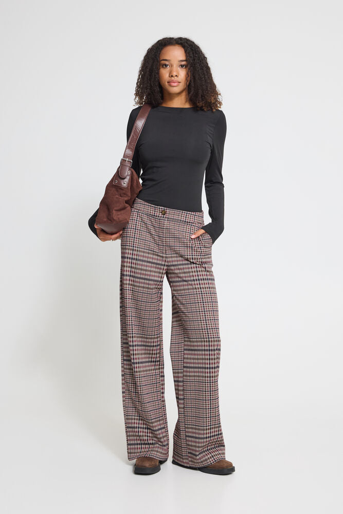 Kate Wide Leg Trouser - Red Brown Check