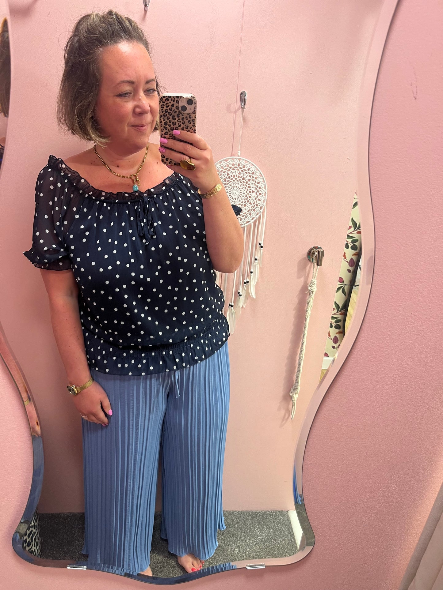 Polka Dot Chiffon Top - Navy