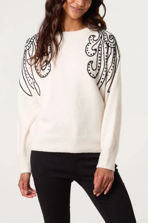 Embroidered Shoulder Jumper - Cream
