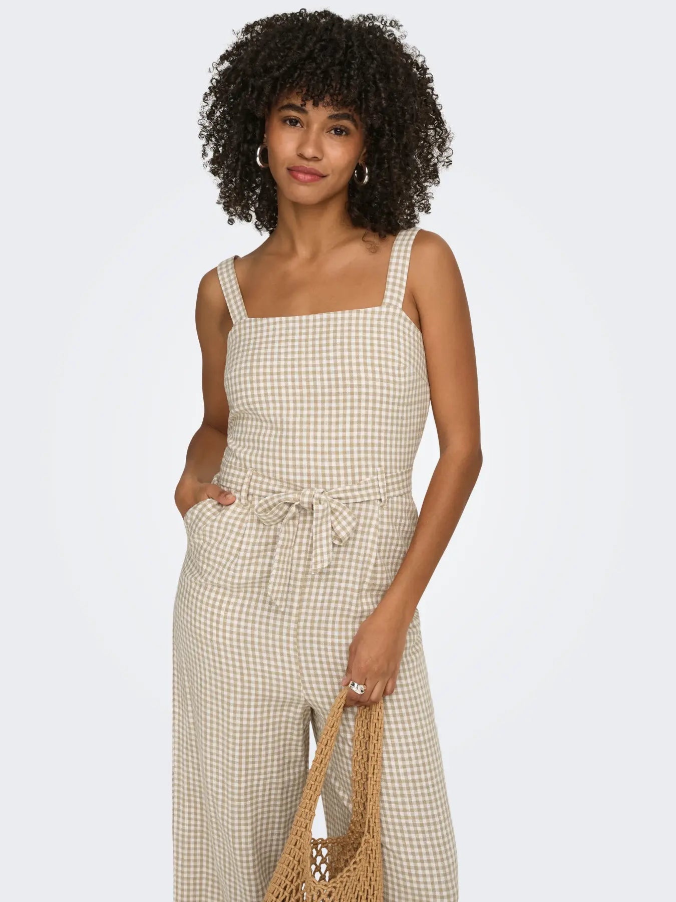 The Siena Linen Blend Jumpsuit - Neutral Check