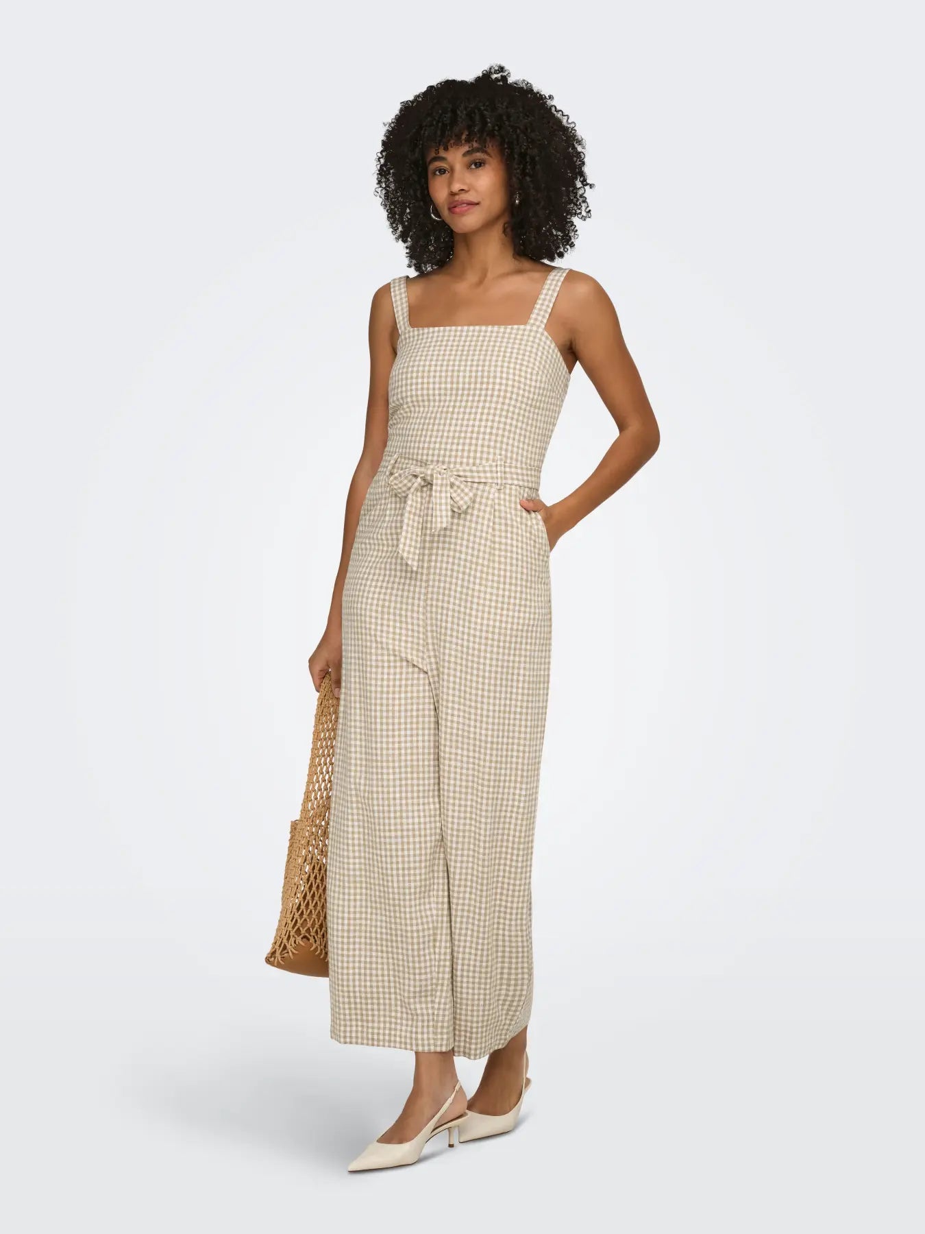 The Siena Linen Blend Jumpsuit - Neutral Check