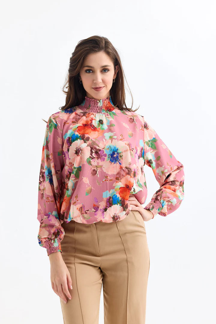 High neck oversized blouse - pink floral