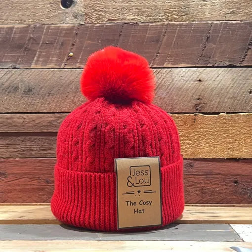 Cable Knit Bobble Hat - Red